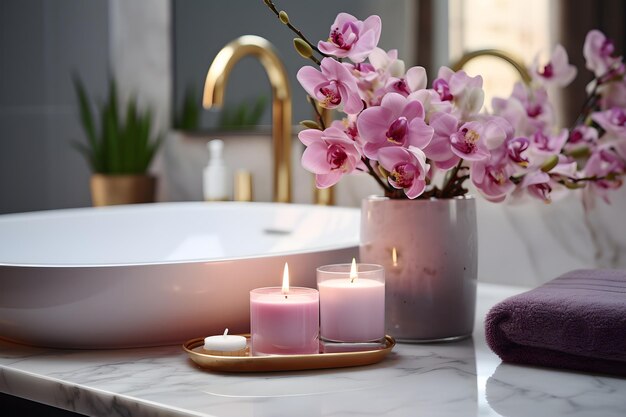 Design d'intérieur De belles fleurs et bougies sur le comptoir de la salle de bain créées par l'AI générative