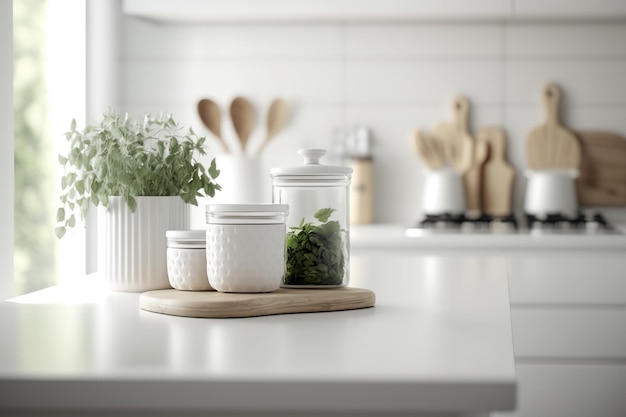 Design d'intérieur blanc brouillant le dessus de table ou l'étagère en bois de cuisine moderne scandinave avec des vases modernes