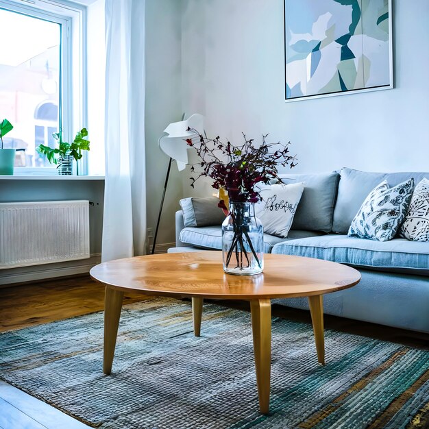 Photo design d'intérieur boho de la maison de salon moderne table à café ronde en bois rustique contre canapé blanc