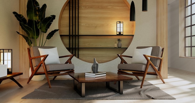 Le design d'intérieur en boiszen salon moderne style japonaisrendu 3D