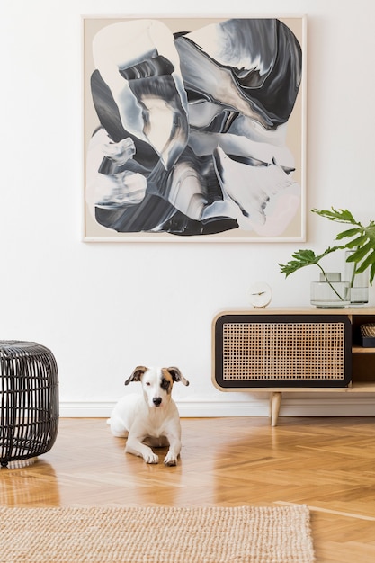 Design d'intérieur avec buffet élégant dans le salon Maquette de peinture sur le mur Template