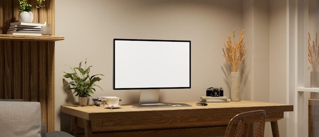 Design d'intérieur de bureau à domicile scandinave et confortable minimal avec maquette d'ordinateur