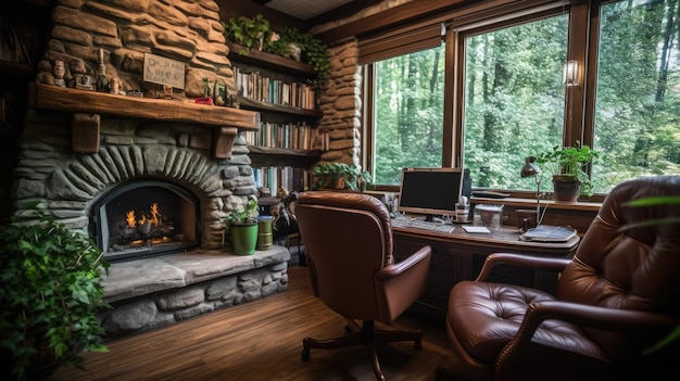 Design d'intérieur de bureau inspirant Bureau de style rustique avec une architecture d'ambiance de cabine confortable AI générative AIG 31
