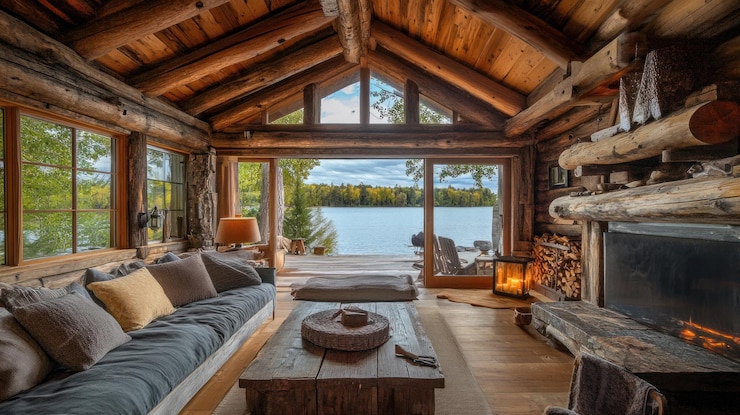 Photo design d'intérieur de la cabane en bois rustique au bord du lac