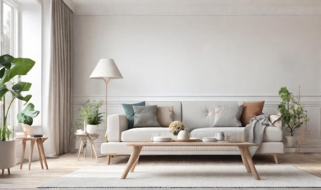 Photo design d'intérieur cadre photo maquette de salon minimaliste confortable canapé de style scandinave plan tropical