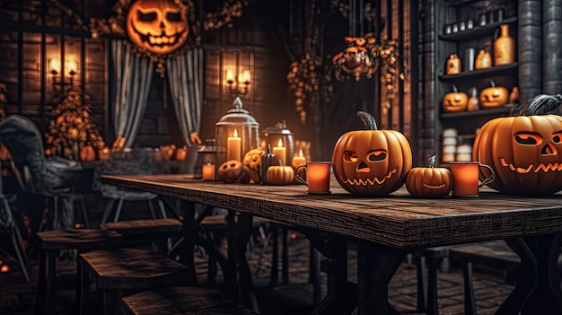 Photo design d'intérieur de café d'halloween avec de l'ai génératif de citrouille