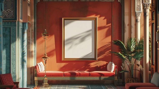 Design d'intérieur avec canapé rouge et image murale dans le salon