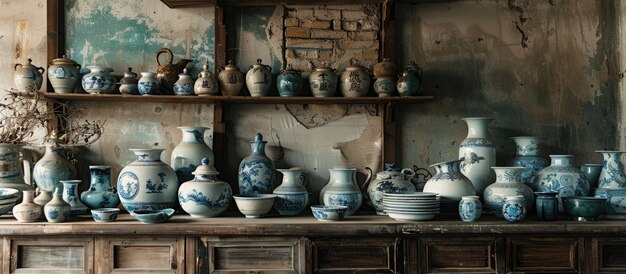 Design d'intérieur avec de la céramique et de la poterie chinoise vintage dans un cadre rustique