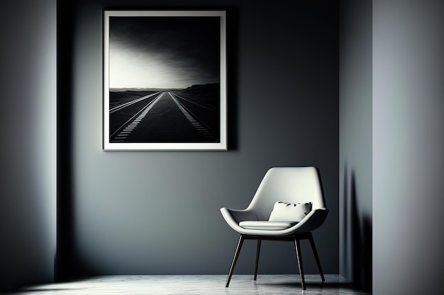 Design d'intérieur d'une chambre contemporaine avec une chaise une lumière et des photographies