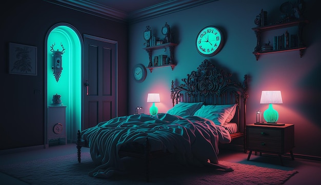 Design d'intérieur de chambre à coucher au néon de style moderne traditionnel AI Image générée