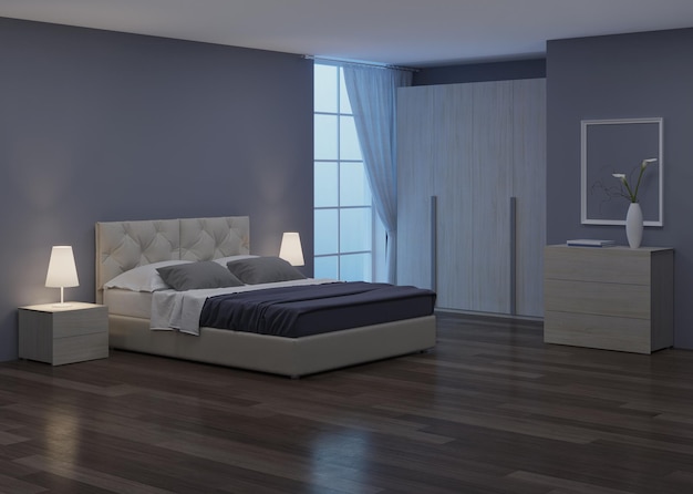 Design d'intérieur de chambre à coucher. Éclairage de nuit. rendu 3D.