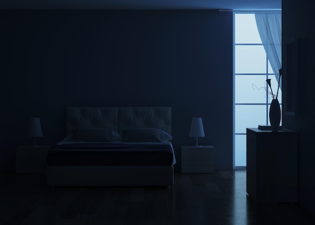 Design d'intérieur de chambre à coucher. Éclairage de nuit. rendu 3D.