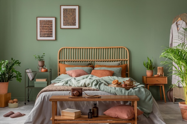 Design d'intérieur de chambre à coucher élégant avec maquette cadre d'affiche lit en bambou table de nuit plantes paravent et accessoires créatifs pour la maison Modèle de mur d'eucalyptus Espace de copie