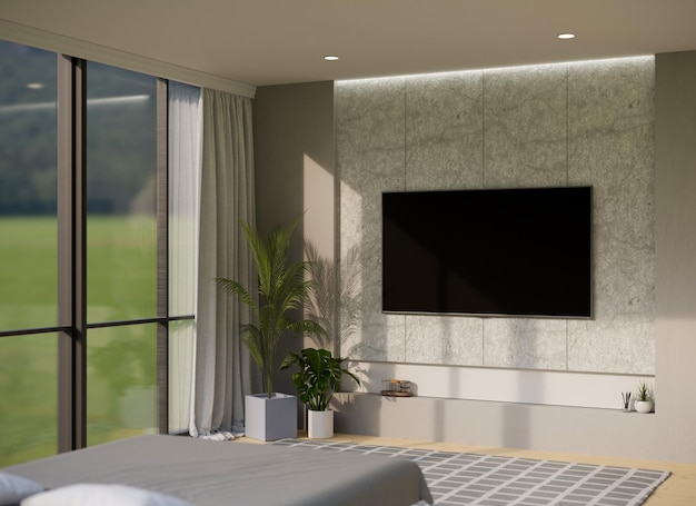 Design d'intérieur de chambre à coucher de luxe moderne avec lit grande fenêtre en verre et TV sur mur en pierre de marbre
