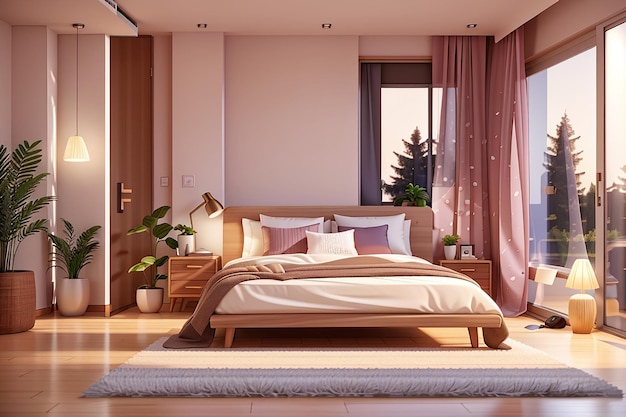 Design d'intérieur de chambre à coucher de maison moderne éclairage du soir rendu 3D