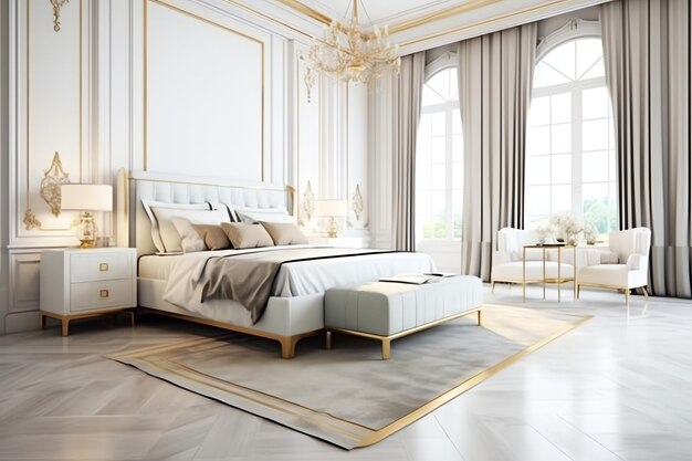 Photo design d'intérieur de chambre à coucher moderne dans un appartement ou une maison avec des meubles chambre de luxe scandinave