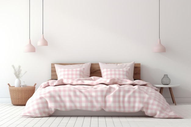 Design d'intérieur de chambre léger et confortable avec lit défait, plaid rose et coussins sur maquette murale blanche