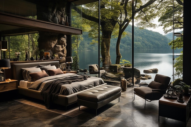 Design d'intérieur de chambre de luxe avec vue naturelle sur la montagne