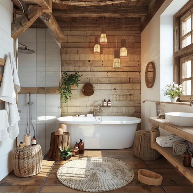 Design d'intérieur confortable salle de bain mignonne dans le style rustique