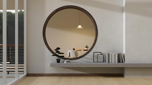 Design d'intérieur de couloir de café minimaliste moderne avec balcon décoratif et fenêtres rondes