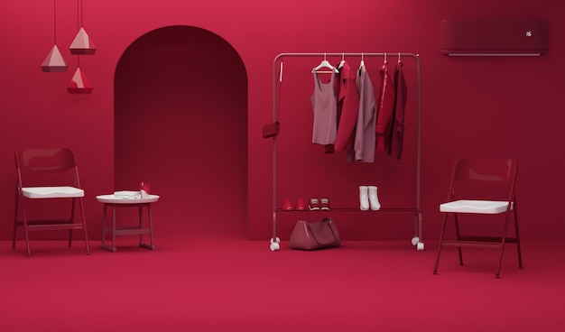 Design d'intérieur créatif dans un studio viva magenta avec des vêtements suspendus à un rack, un pot de fleurs. rendu 3D