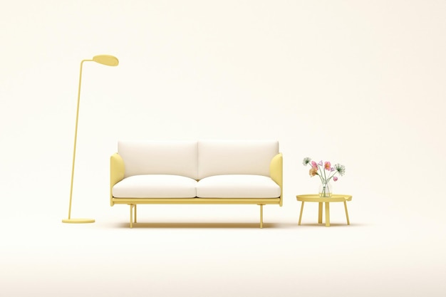 Design d'intérieur créatif en studio avec pot de fleurs et fauteuil jaune rendu 3d