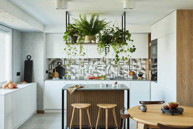 Design d'intérieur de cuisine élégant avec espace repas. Espace de travail avec accessoires de cuisine à l'arrière. Murs créatifs avec panneaux en bois. Style minimaliste un concept d'amour végétal.