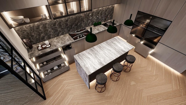 Design d'intérieur de cuisine de luxe moderne rendu 3d