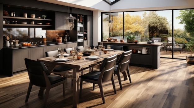 design d'intérieur de cuisine moderne avec table et chaises en bois