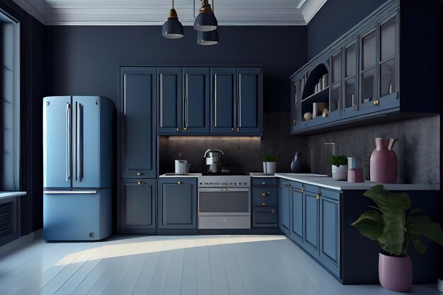 Design d'intérieur de cuisine de style moderne avec rendu wall3d bleu foncé Generative Ai