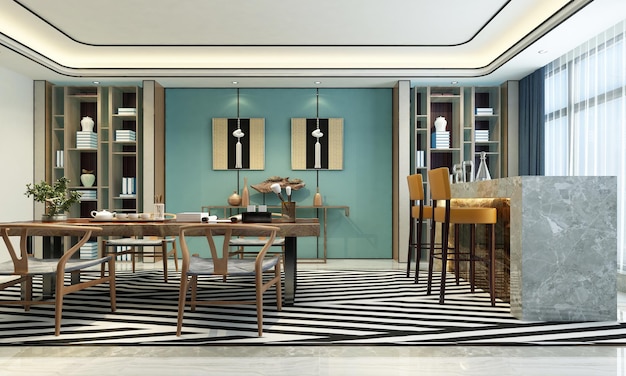 Design d'intérieur de cuisine de style moderne avec table, lumière et chaise, rendu 3d