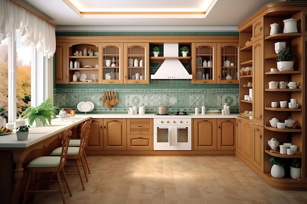 Design d'intérieur de cuisine traditionnelle, rendu 3D