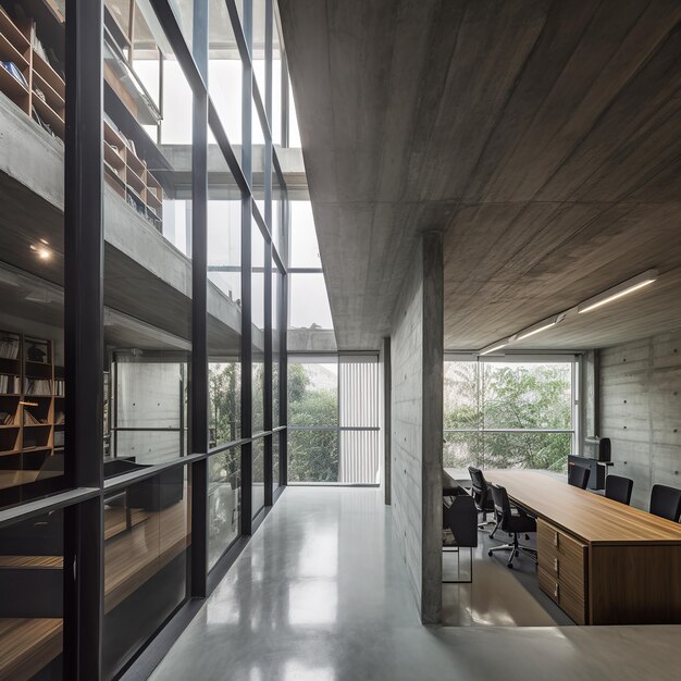Design d'intérieur dans un bureau moderne en plein air avec sol et murs en béton