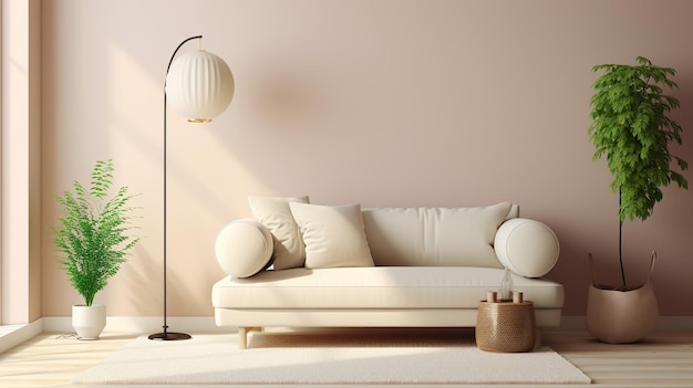 Design d'intérieur du salon avec espace copie canapé beige table d'appoint feuille dans un vase pouf accessoires élégants et tapis bouclé Mur beige Décor à la maison minimaliste Modèle Générative Ai