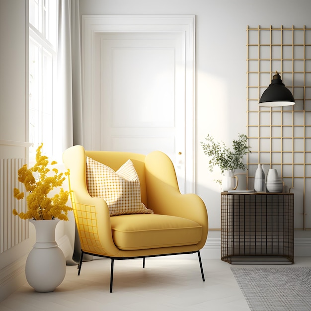 Design d'intérieur du salon avec fauteuil et table basse en rotin à carreaux jaunes dans la chambre avec du blanc