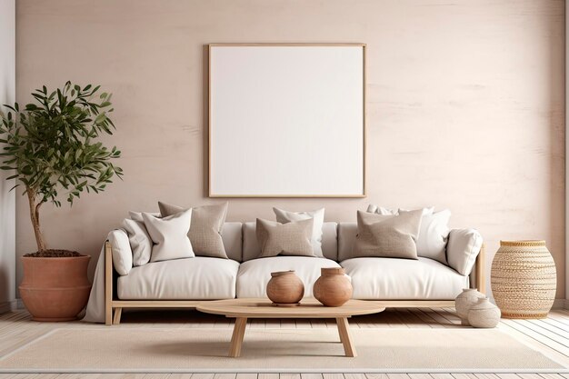 Design d'intérieur élégant du salon avec un canapé à cadre d'affiche avec une table en bois sur le côté de l'oreiller