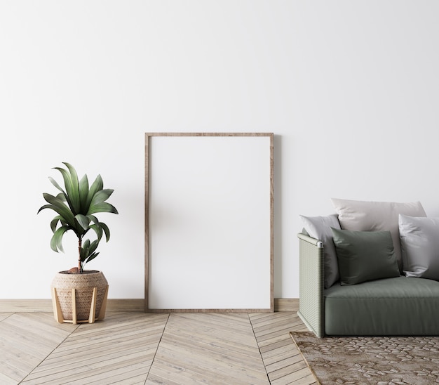 Design d'intérieur élégant du salon, meubles de canapé vert et pot en bois pour plante verte, affiche de cadre vide sur modèle de mur blanc, rendu 3d.