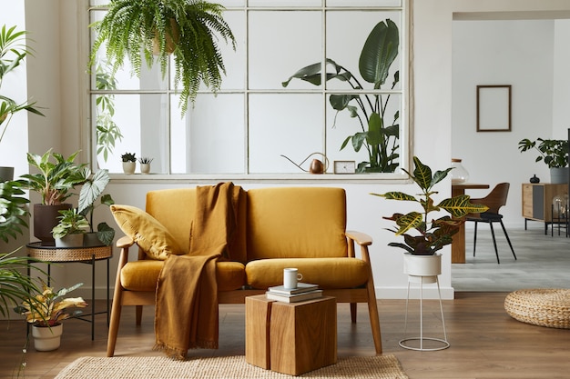 Design d'intérieur d'un espace ouvert scandinave avec canapé en velours jaune, plantes, meubles, livre, cube en bois et accessoires personnels dans un home staging élégant. Modèle.