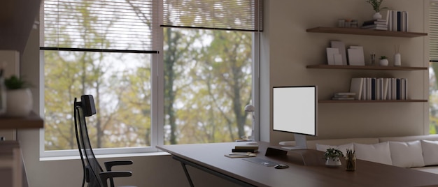 Photo design d'intérieur d'espace de travail de bureau à domicile contemporain moderne avec maquette d'ordinateur