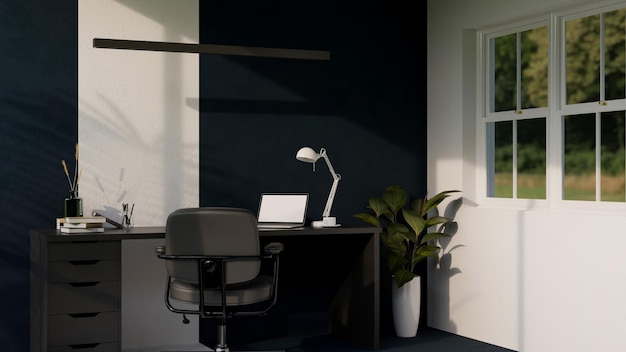 Design d'intérieur d'espace de travail à la maison noir élégant et moderne avec des décors de chaise de bureau de bureau d'ordinateur noir