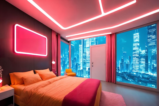 Design d'intérieur futuriste maison moderne de luxe avec art génératif au néon par AI