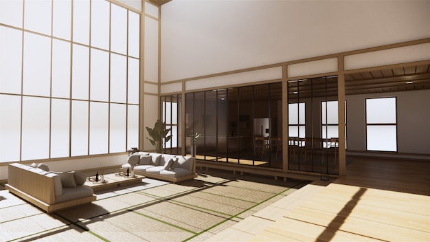 Design d'intérieur de grande salle, intérieur de grande pièce de style japonais avec fauteuil sur sol en tatami et mur design en bois. Rendu 3D