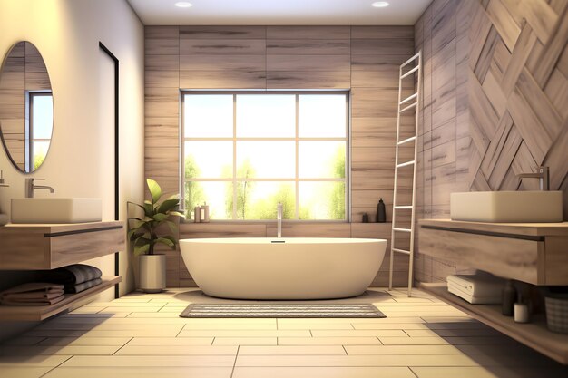 Design intérieur de l'intérieur de la salle de bain moderne avec un décor en bois dans le style écologique créé par l'IA générative