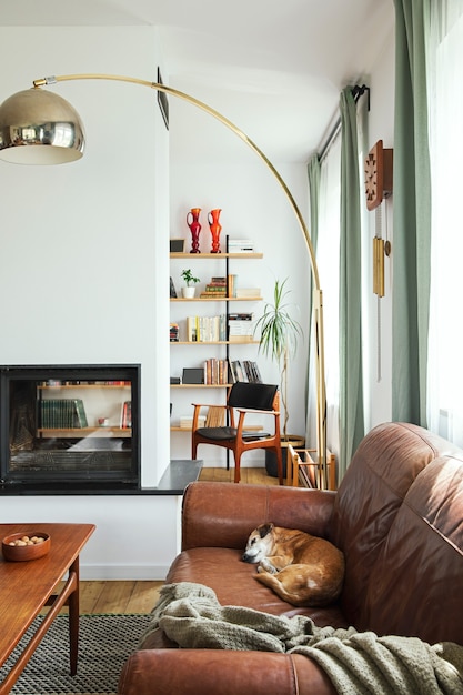 Design D'intérieur D'un Intérieur De Salon élégant Avec Des Meubles  Vintage, Une Bibliothèque De Bureau à Domicile, Une Cheminée, Une Lampe,  Une Décoration Et Des Accessoires Personnels élégants Dans La Décoration  Intérieure.