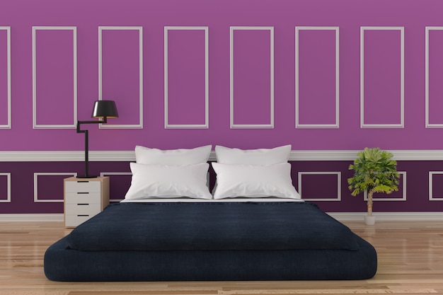 Photo design d'intérieur de loft de chambre minimaliste dans un mur violet et une salle de parquet en rendu 3d