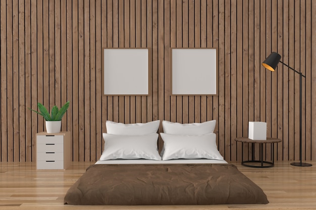 Photo design d'intérieur de loft dans la chambre en bois en rendu 3d