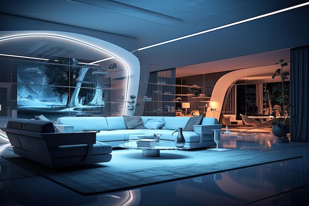 Design d'intérieur de maison 3D effet d'hologramme numérique avec des éléments virtuels en trois dimensions se mélangeant avec l'espace physique salon futuriste et immersif