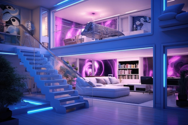 Design d'intérieur de maison 3D avec un effet d'hologramme numérique mélange méticuleusement de réel virtuel
