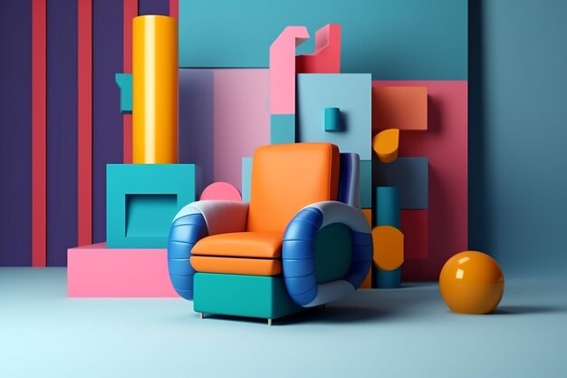 Design d'intérieur maison fauteuil géométrique vintage canapé chambre art memphis coloré IA générative