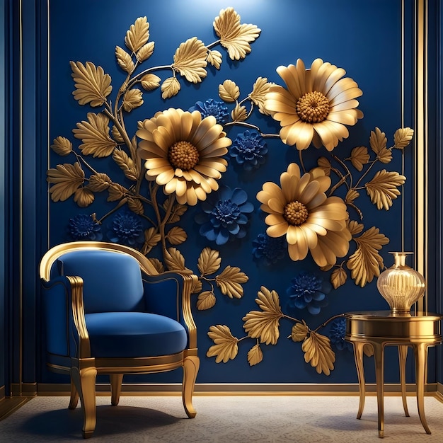 Design intérieur de la maison salon rendre fleur laisse or et bleu